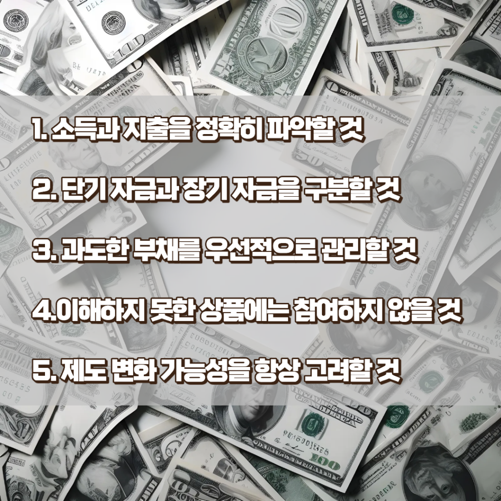 1.소득과 지출을 정확히 파악할 것
2.단기 자금과 장기 자금을 구분할 것
3.과도한 부채를 우선적으로 관리할 것
4.이해하지 못한 상품에는 참여하지 않을 것
5.제도 변화 가능성을 항상 고려할 것
